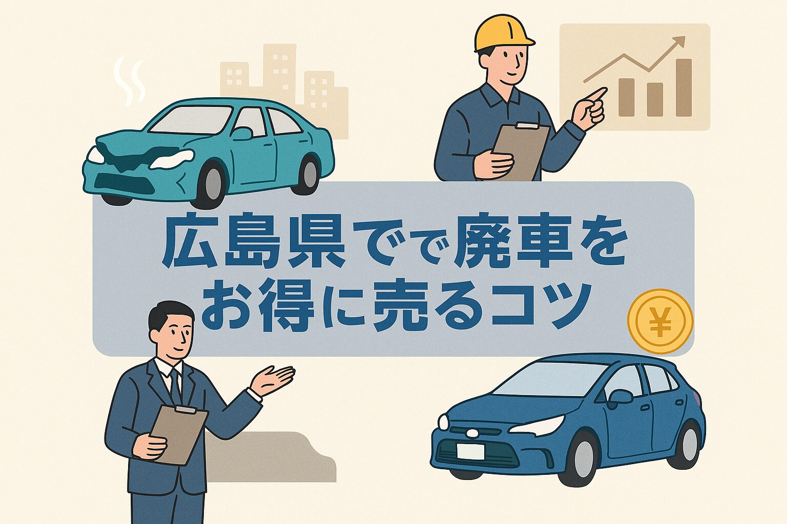 故車・査定担当者・上昇グラフと円アイコンで「広島県で廃車をお得に売るコツ」をまとめた日本語インフォグラフィック