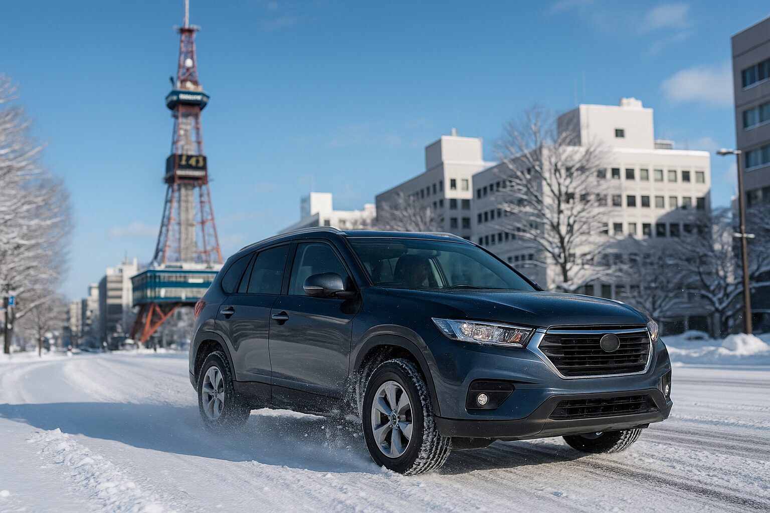 雪道の札幌市街を走る4WD SUVと背景のさっぽろテレビ塔を捉えたダイナミックな走行シーン