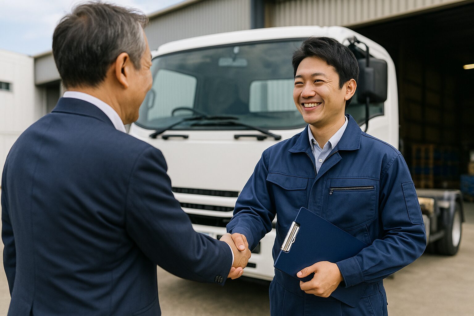 トラックの売買契約が成立して握手をする２人の男性