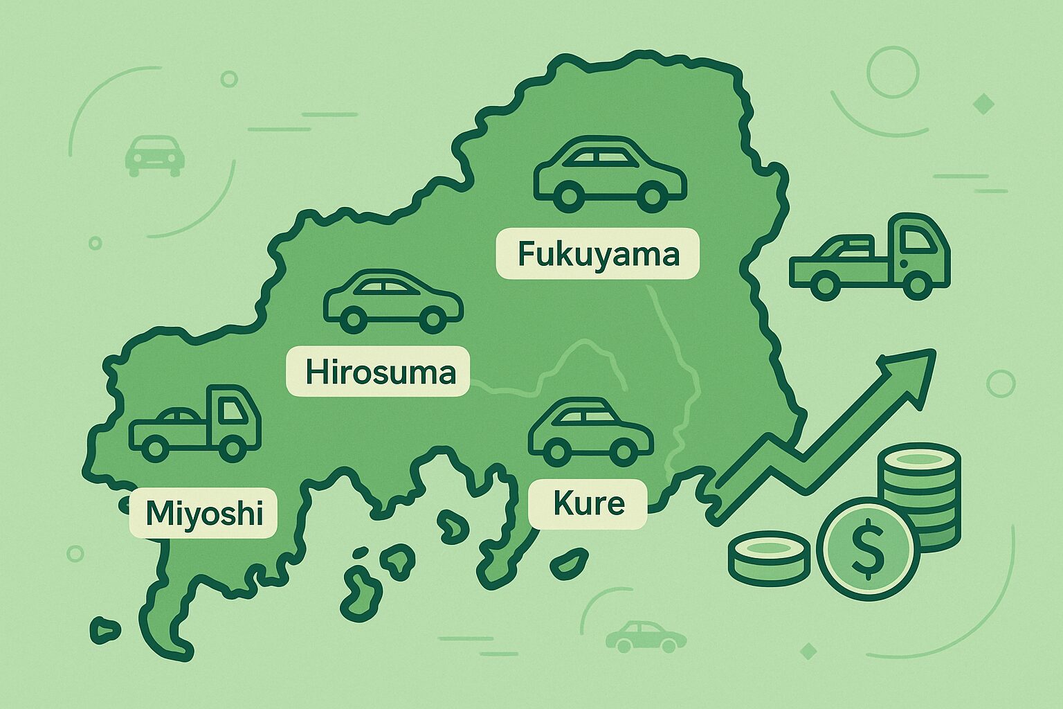 広島県の地図に広島市・福山市・尾道市・呉市・三次市を示し、車とレッカー車のアイコンで廃車が多い地域を視覚化したイラスト