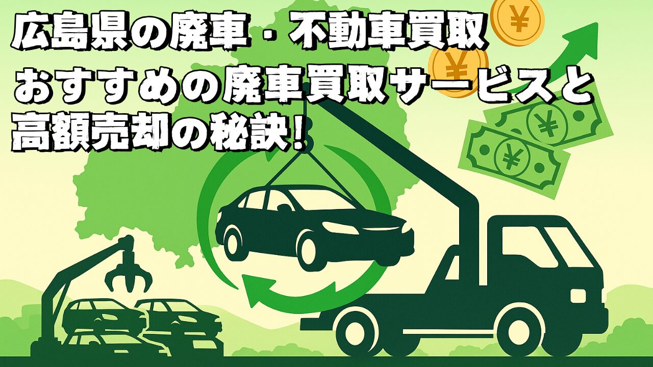 広島県のシルエットを背景に、レッカー車が自動車を吊り上げ、リサイクルの矢印と円が車を囲む。右側に円安を示す矢印と円紙幣・硬貨が舞う、廃車買取の高価査定をイメージしたグリーン基調のイラスト。
