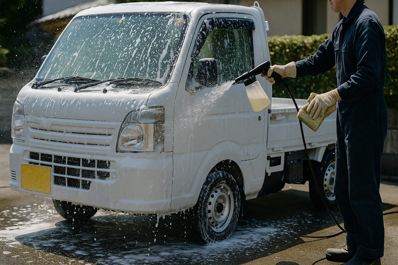軽トラを洗車している男性の画像