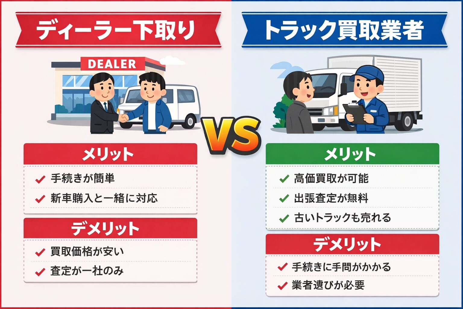 ディーラーとトラック買取業者のサービス比較